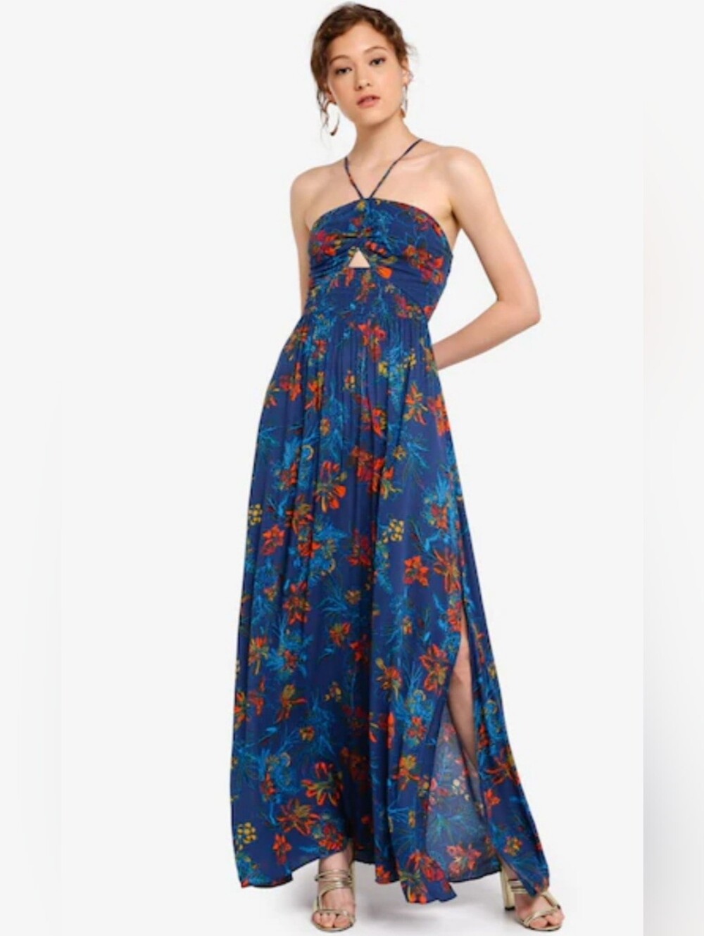 Free People Navy Blue Floral Halter Maxi Dress with Orange & Green Accents